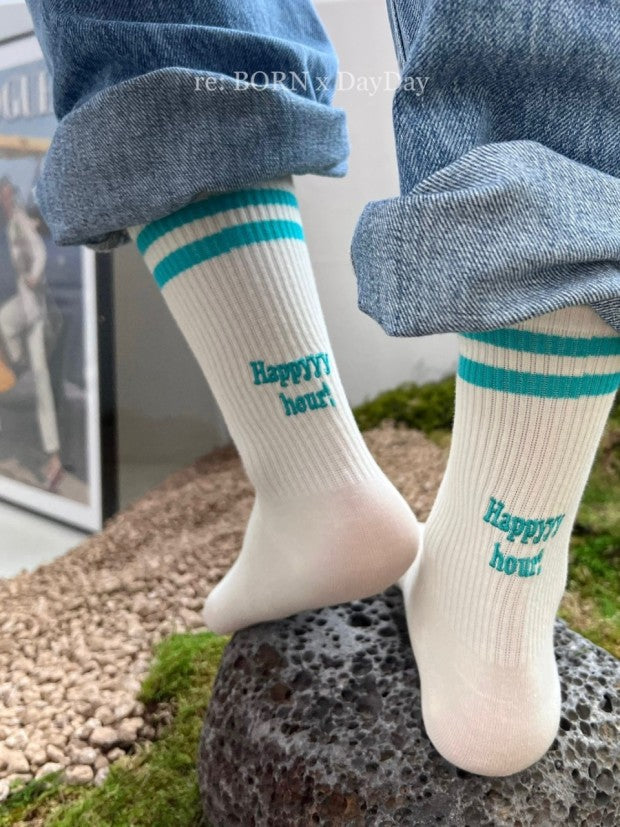 Happy Hour Varsity Cotton Socks - Luxury Embroidered Womens Daily Socks