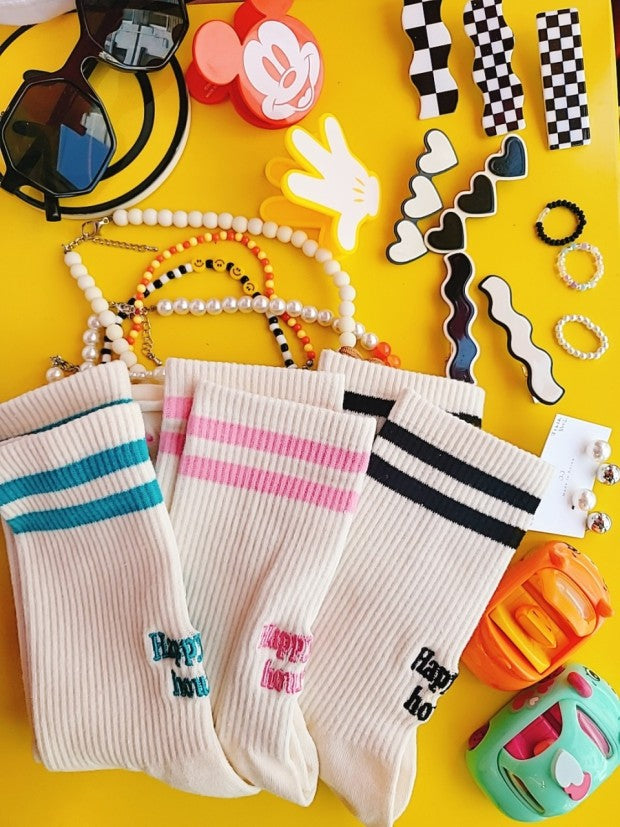 Happy Hour Varsity Cotton Socks - Luxury Embroidered Womens Daily Socks