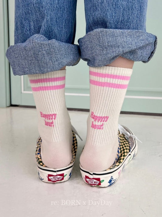Happy Hour Varsity Cotton Socks - Luxury Embroidered Womens Daily Socks