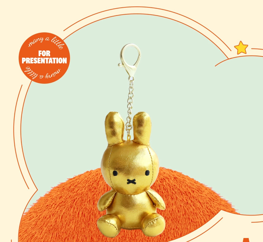 Miffy keyring plush dolls in Light (glow-in-the-dark), Silver, and Gold