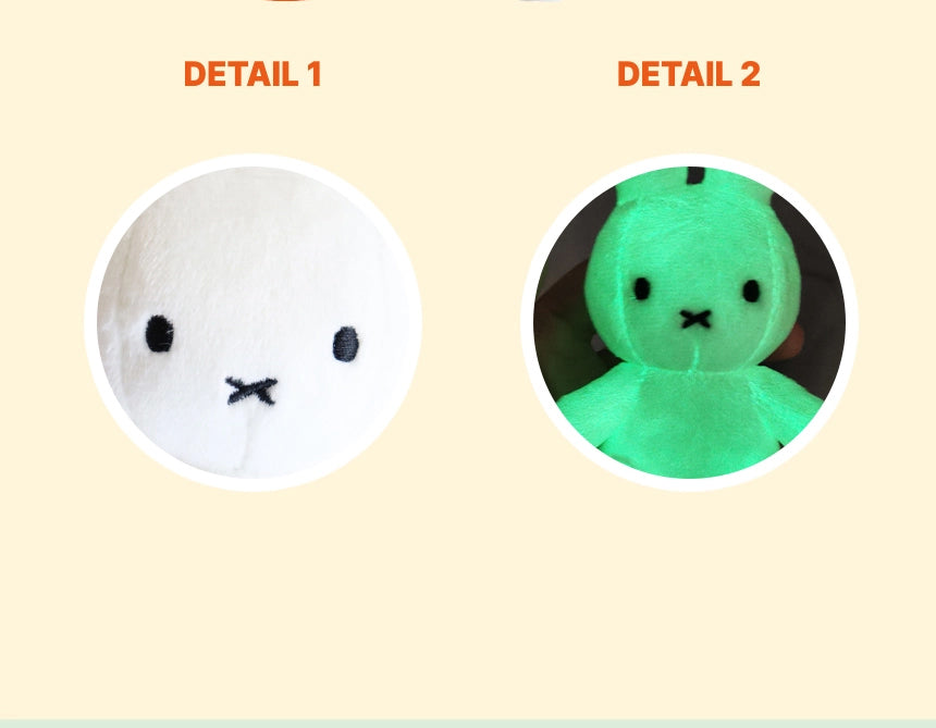Miffy keyring plush dolls in Light (glow-in-the-dark), Silver, and Gold